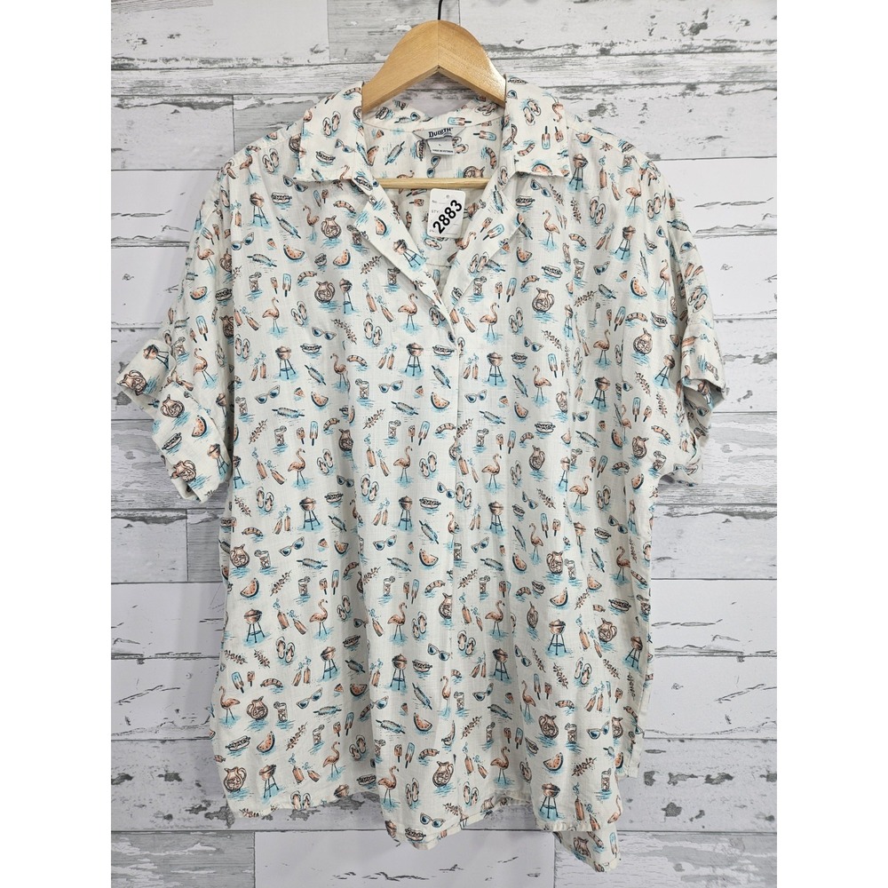 Duluth Trading‎ Womens Large Organic Cotton Popover Shirt BBQ Summer Print